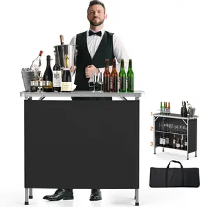 VINGLI Portable Bar Table, 3-Tier Shelves, Mobile Bar Table for Events, Party, Camping, Picnic, Tradeshow, Indoor with Black Skirt