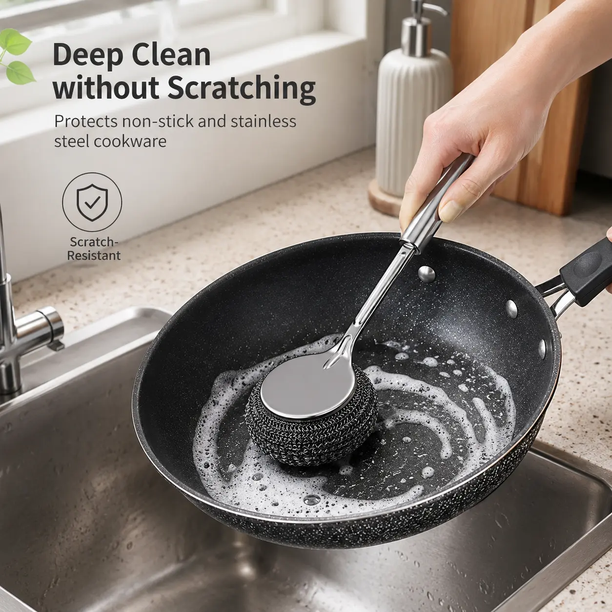 1 Count Stainless Steel Pot Scrub Brush, Non-slip Long Handle Replaceable Steel Wire Head for Kitchen Cookware Cleaning