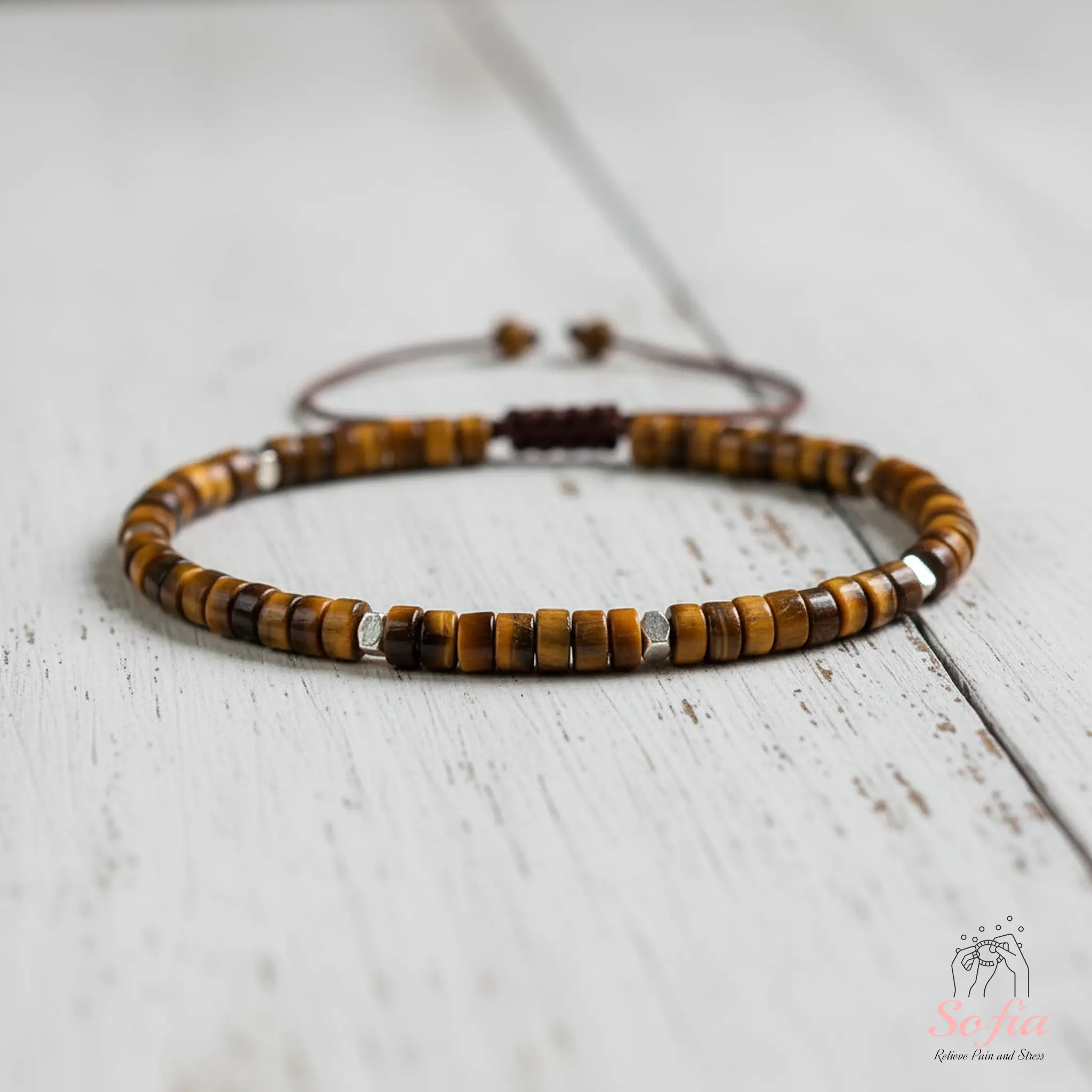 SofiaDesignsBoutique Natural Tiger's Eye Stone Bead Bracelet - Handmade Minimalist Natural Unique Gemstone Jewelry with Braided Cord, Adjustable Barrel Clasp Gift for Her, Beautiful Bracelets, Exquisite Bracelet