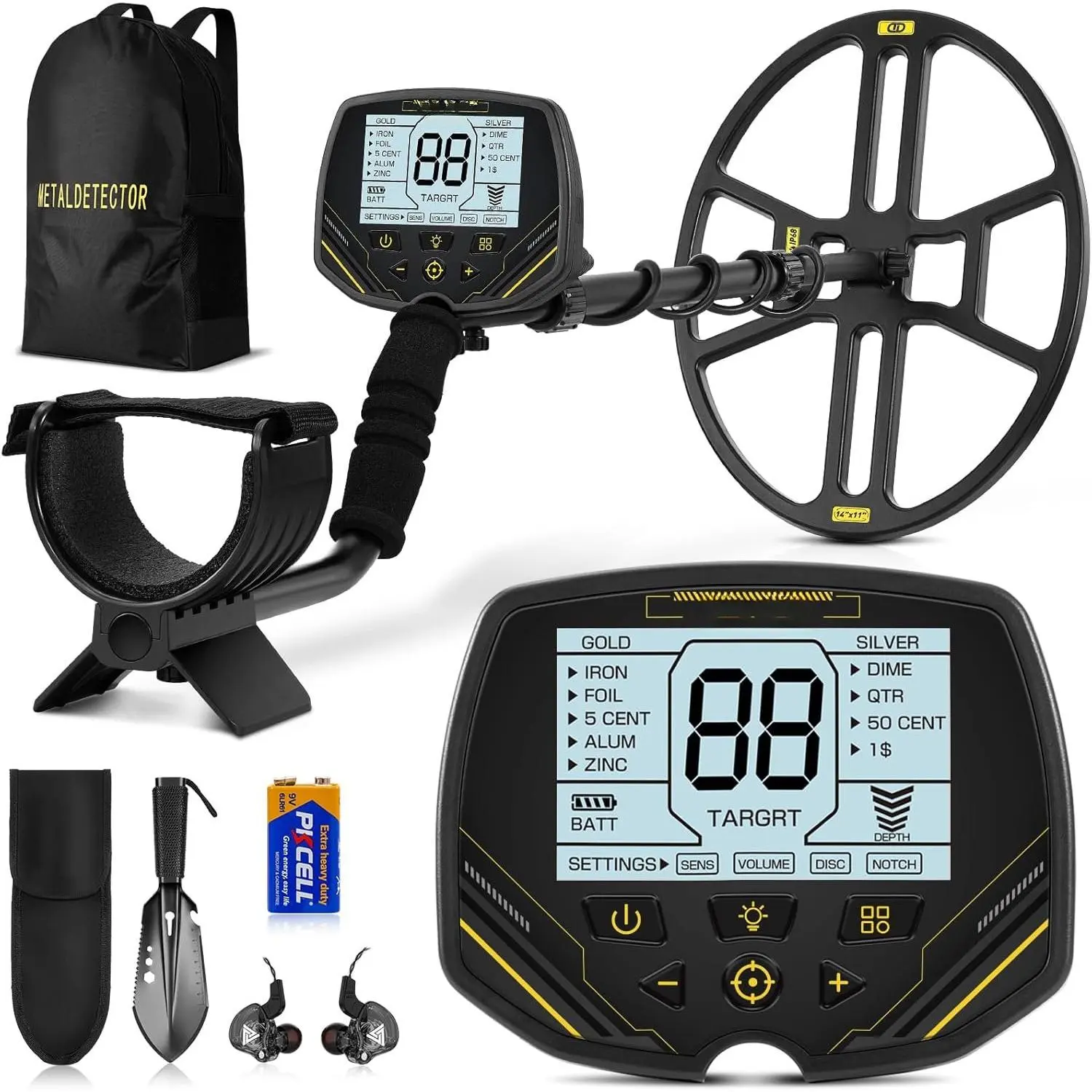 14" Metal Detector for Adults, Double-D Metal Detectors with Higher Sensitivity,  Metal Detectors with Large IP68 Search Coil, Professional DISC & Pinpointer Metal Detector Mode