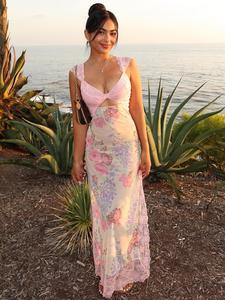 women's ditsy floral print lace insert dress, summer clothes women, boho sleeveless long dress for beach holiday vacation, ladies summer clothes, sundresses, classy dresses, womenswear