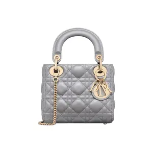 Pre-owned Dior Lambskin Crossbody Bags Lady Mini Opal Grey Cannage Leather Handbag with Gold Hardware