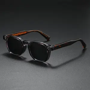 Vintage Square-Frame Sunglasses, Transparent Gray Acetate Frame, Tortoise-Patterned Engraved Temples, Black Lenses for Men and Women