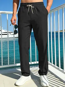 Men's Loose Breathable Spring Fall Bamboo Texture Casual Beach Sport Straight Leg Pants, Plain Style, H Type, 2026 New Arrival
