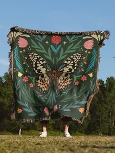 Woven Throw - Butterfly and Floral Design - Transformation - 100% Cotton - USA Made