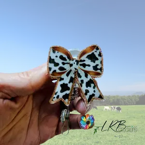 Cow Print Coquette Bow Badge ~ Retractable Badge Reel ID Holder ~ Customizable ~ Handmade ~ Nurse Badge Reel ~ Teacher Lanyard ~ Magnetic Pin ~ Stethoscope Tag ~ Magnet ~ Phone Grip