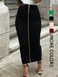 Women's Bodycon Midi Dress with Front Zipper, Elastic High Waist Pencil Skirt, Suitable for Office and Casual Wear, Stretch Skirt