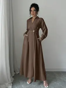Women's Long Sleeve Button Front Dress, Loose-Fitting Wrap Design with Pockets, Casual Wear Spring & Fall Fashion, Plain Pattern, Womenswear, Lady
