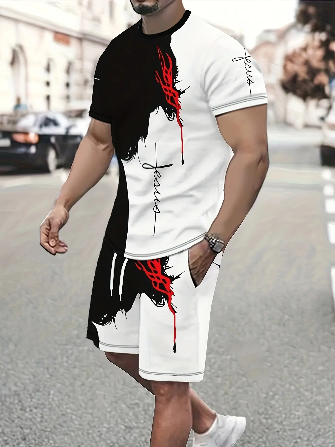 Jesus faith style black white men's set, splash ink design loose breathable daily casual two-piece