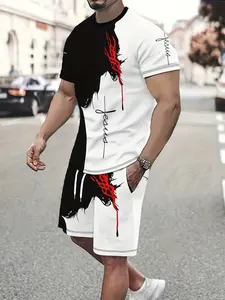 Jesus faith style black white men's set, splash ink design loose breathable daily casual two-piece