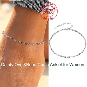 ChicSilver Stackable Dainty Daily Minimalist Simple Casual High Polished Oval and Round Bead Chain Anklets 925 Sterling Silver 2mm Width 8.7 inches Length Ankle Bracelets Summer Beach Foot Jewelry for Women
