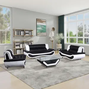 Modern three-piece imitation leather sofa set, black/white, requires assembly, with zipper compartments, seat depth 20 inches, weight limit 1500 pounds