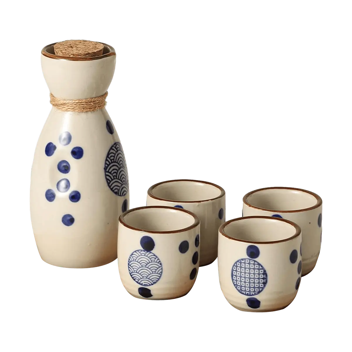 Golden Lion Japanese Sake Set 4 Cups & 1 Carafe - Ceramic "Dongbu Hua" Design for Shochu, Liquor, Wine