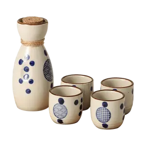 Golden Lion Japanese Sake Set 4 Cups & 1 Carafe - Ceramic "Dongbu Hua" Design for Shochu, Liquor, Wine