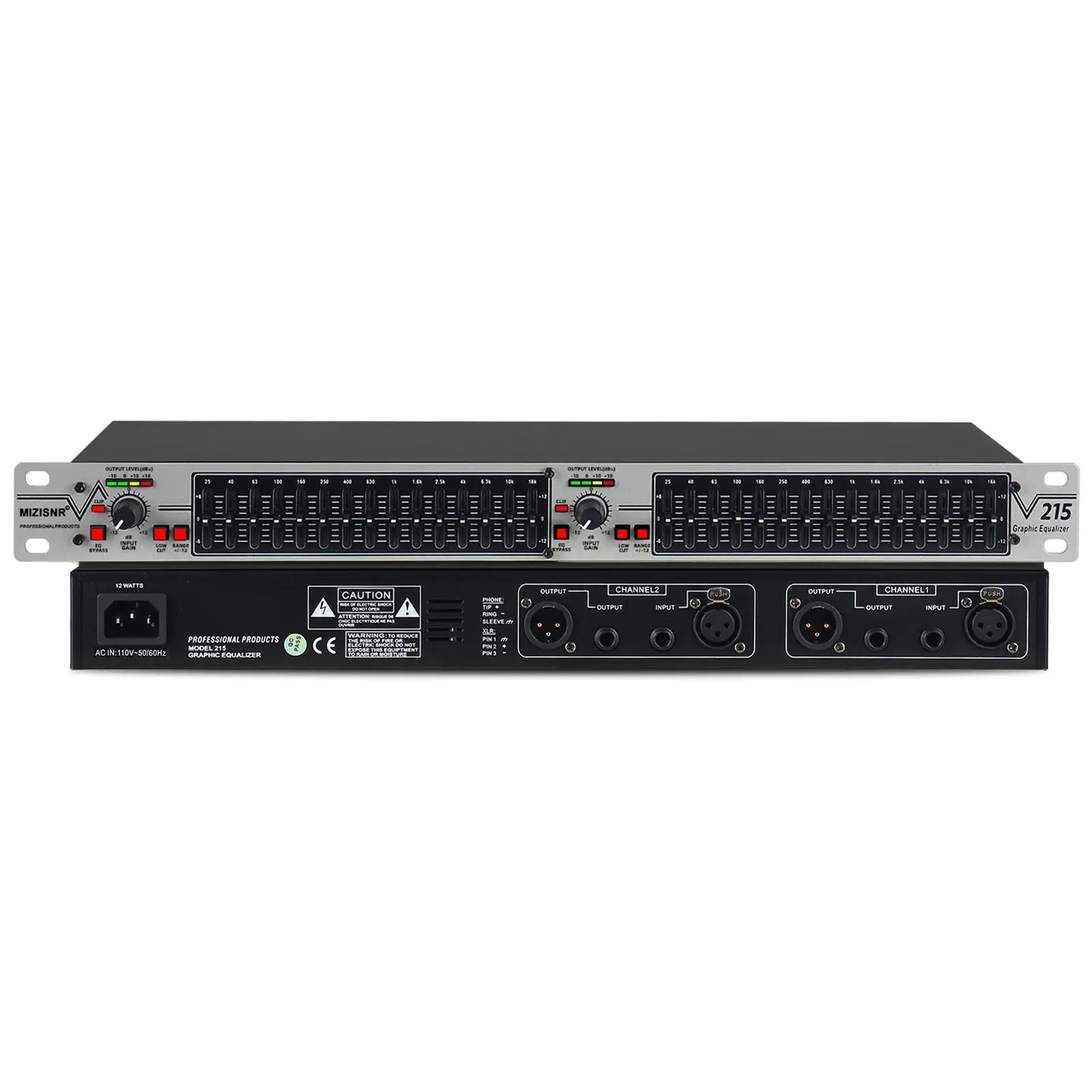 15-Band Graphic Equalizer (EQ-215S) 1U Rack Mount Dual-Channel Wired Mixer, Adjustable Stereo EQ, Corded Power, ±12dB Gain, Noise Reduction, XLR/TRS Compatible, Bypass Switch, Low-Cut Switch, Extensive Customization for Home Audio, Professional DJ Use