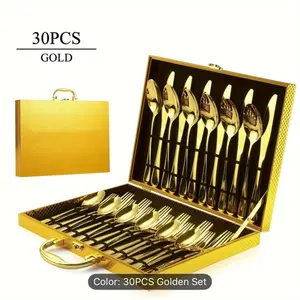 30 Piece Gold Silverware Set in Elegant Golden Case for Everyday Dining and Special Occasions