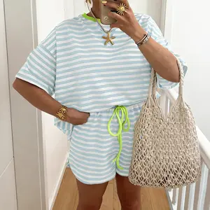 MULLVEIG Women's Stripe Drop Shoulder Boxy Fit Casual Terry Cloth Top & Shorts 2 Piece Outfit Set Soft Comfy Lounge Tracksuit