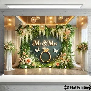 2D Flat Photo Booth Props, Valentine's Day Couple Wedding Background Cloth, Polyester Floral Wall Hanging Decor, Multi-Functional Party Banner, Wall Hanging Backdrop