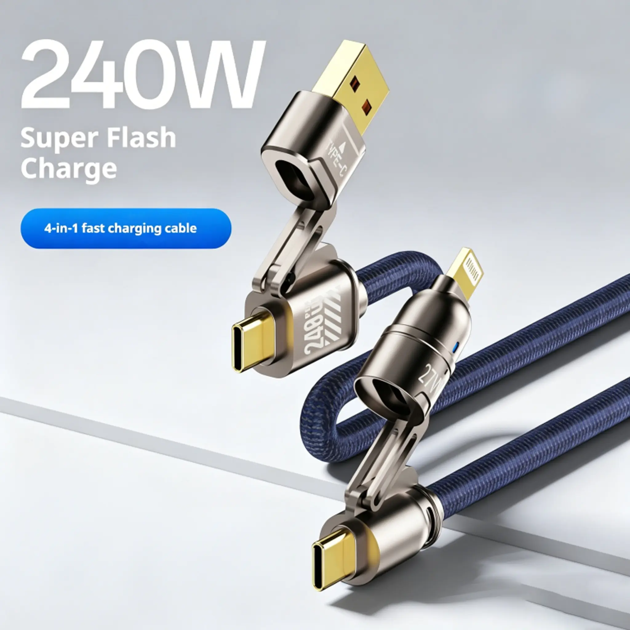 USB-C 4-in-1 Nylon Braided Fast Charging Data Cable Charger, 1.8M/6FT PD Multi-Port Cord with Lightning Connector for Cellphone, Mobile, iPhone, iPad, Laptop, Type-C Devices - Home & Travel Fast Charging Cords