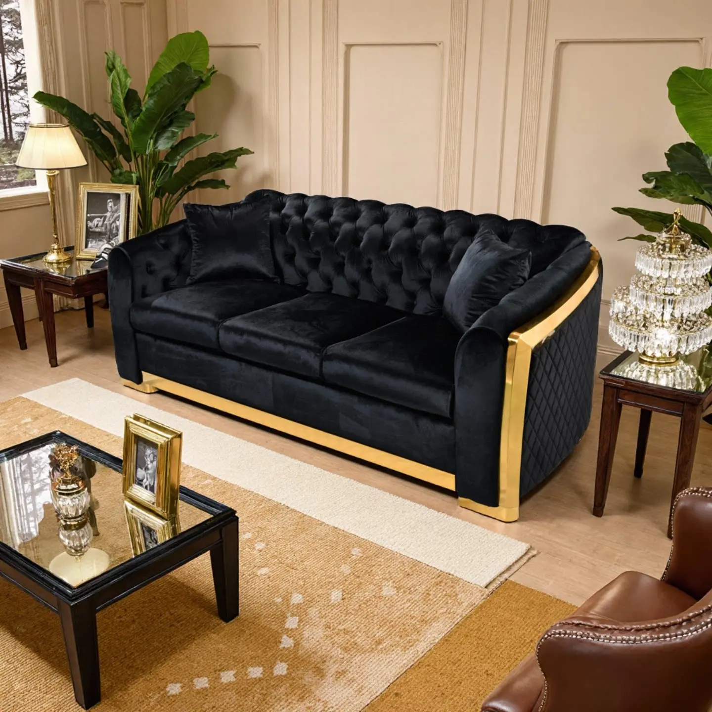 84" 3-Seater Luxury Chesterfield Velvet Comfy Sofa Couch - Gold Stainless Steel Legs, Sturdy Exclusive Design, Elegant Furniture Lovers' Sofas Living Room for Decorating Living Room Indoor Furniture