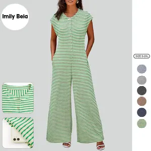 Imily Bela Womens Casual Striped Jumpsuits Summer Cap Sleeve Wide Leg Jumper Romper Button Down Travel Beach Outfits