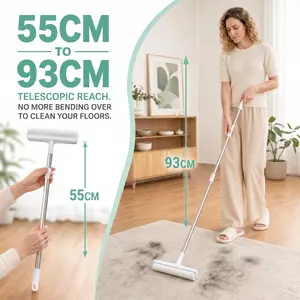 Long Handle Sticky Lint Roller, Pet Hair Remover for Dogs Cats, , 24cm Extra Wide Detachable Roller with 55-93cm Extendable Telescopic Handle, Tearable Sticky Sheets & Dust Cover, Ideal for Carpet, Couch, Hardwood Floors, Bedding