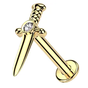 14kt Gold Dagger Clear CZ Internally Threaded Labret