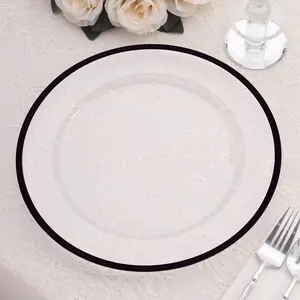 10-Pack Economy Plastic Charger Plates 12" Round Clear with Wide Black Rim - Dinner Party Serving Plates
