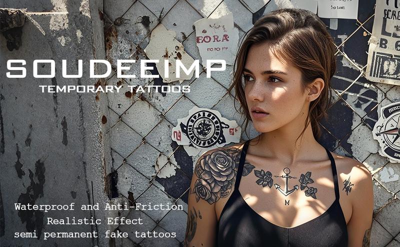 6 sheets Large temporary tattoos men,fake tattoos,Containing English, Shark and Other Elements, and 2 Random Styles, Lasting 7-15 Days, long lasting temporary tattoo arm,Herbal Tattoo Stickers,tatuajes temporales,realistic temporary tattoosn