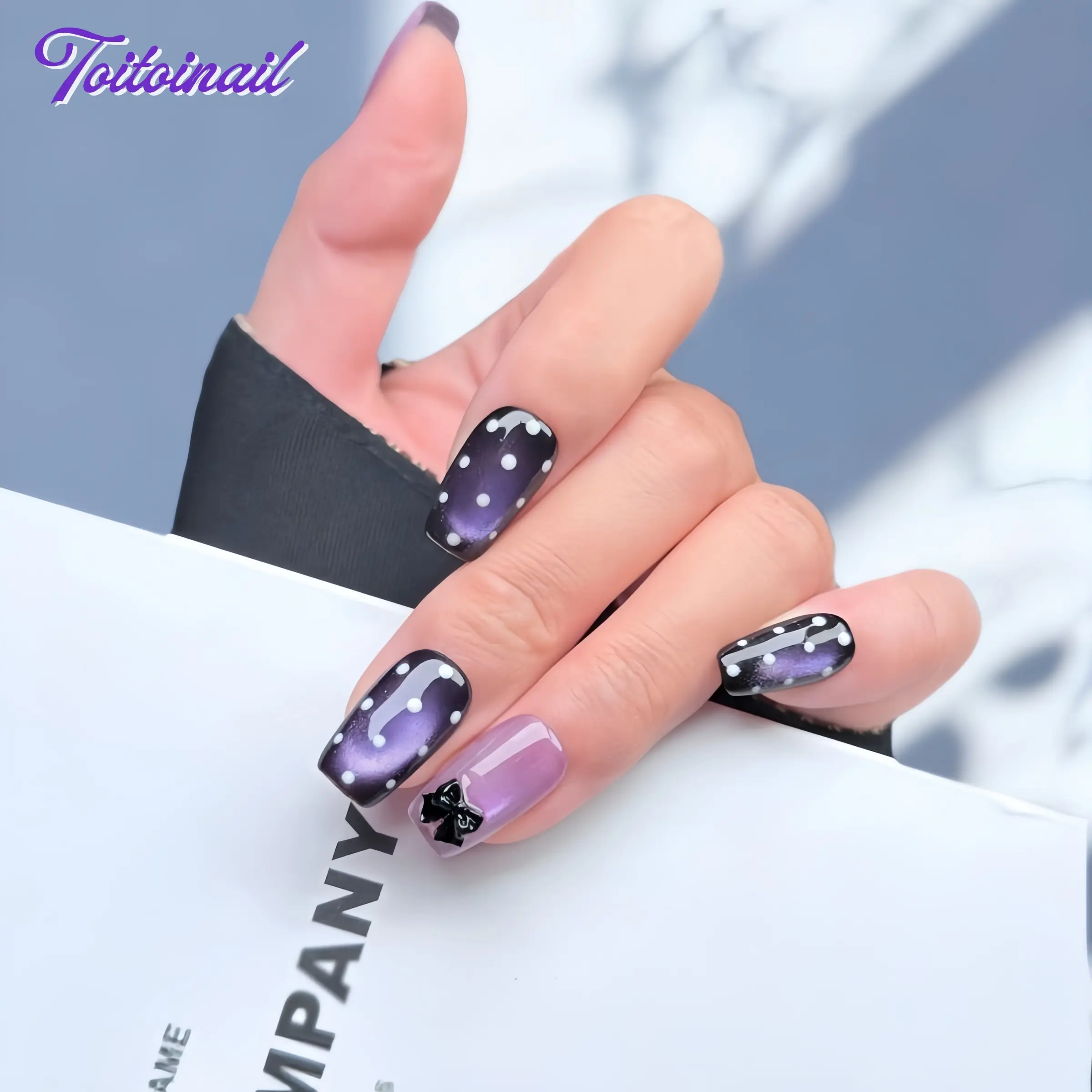Violet Bow Handmade Press-On Nails, Press On Sets, Nails Press Ons, Nail Set | Short Square Shape, 10pcs | Spring Summer Trending Purple Cat Eye & Polka Dot Bow | Y2K Aesthetic Nails | Mirror Finish | Reusable DIY Manicure for Daily Wear