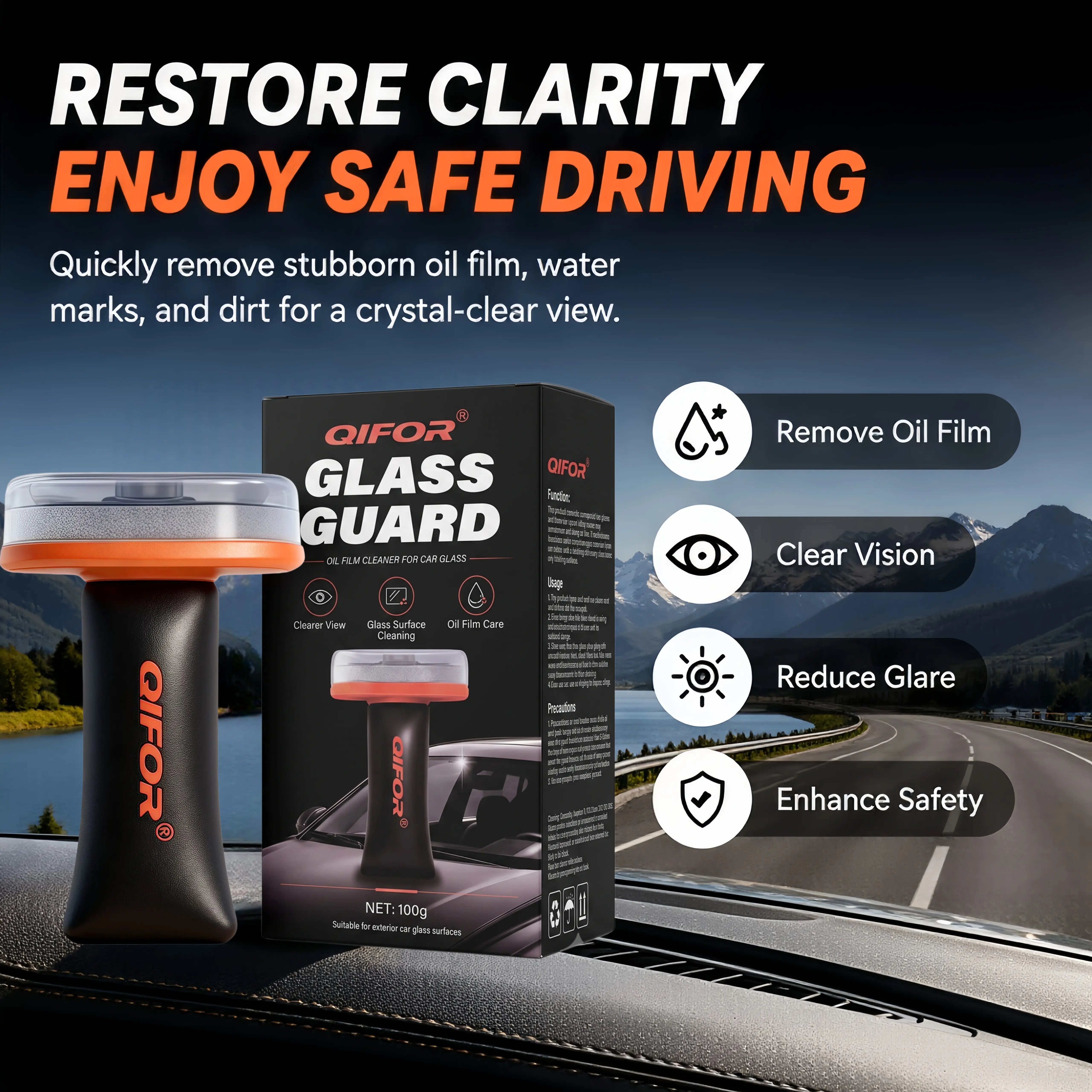 QIFOR Automotive Handheld 100g Oil Film Cream Degreaser - Portable Windshield Cleaner, Compact Window Decontamination Tool with Effortless Cleaning Solution, Fast Cleaning Action for Automotive Enthusiasts (Car Detailing Supplies)
