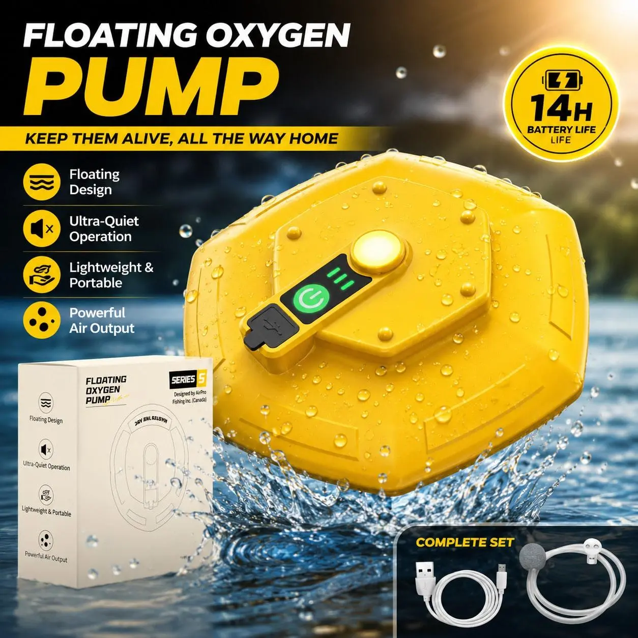 Live Bait Aerator Oxygen IPX7 Waterproof Pump Portable Lightweight Adjustable 3 Speed Air Pump with USB Charging 14h Runtime for Outdoor Fishing and Fish Transportation