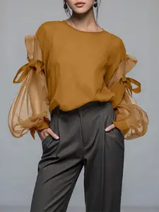 Elegant Women's Shirt with Butterfly Knot Mesh Patchwork Long Lantern Sleeves, Casual Fashion Top, Korean Style Ladies' Blouse