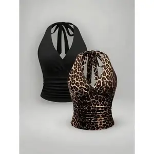 Women's Solid Color/leopard Print Halter Backless Top, Slim Casual Fitted Boho Chic Sleeveless Tie Top for Spring & Fall, Ladies Clothes for Daily Wear, Going Out Tops, Womenswear, Crop Tops, Casual Sleeveless Tank Top, Halter Tank Tops(Sheet)
