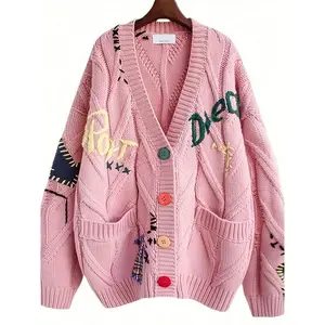Fashion Embroidered Sweater Women's Autumn And Winter New Letter Design Loose Sweater Coat Fabric Long Sleeve Womenswear Button Pink V Neck Drop Shoulder Regular Fit Casual Knitwear
