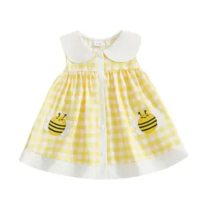 [Yomi Kids] Baby Girl Summer Dress Sleeveless Doll Collar Bee Embroidery A-Line Dress Toddler Casual Dress