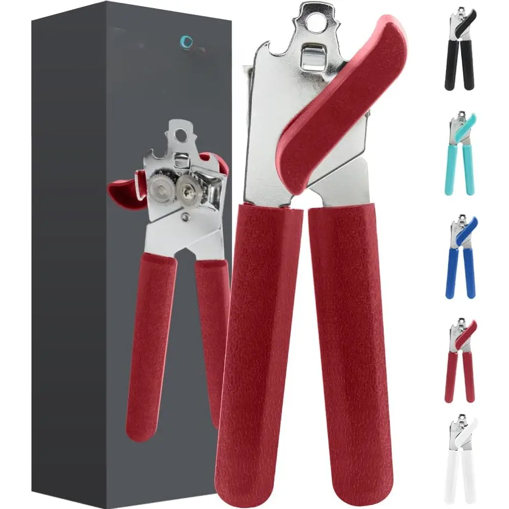 Heavy Duty Stainless Steel Kitchen Manual Can Opener Utensil - Cherry Red, Smooth Edge Cuts, Slip-Resistant Handle, Easy-Turn Knob, Built-In Bottle Opener, Utensils