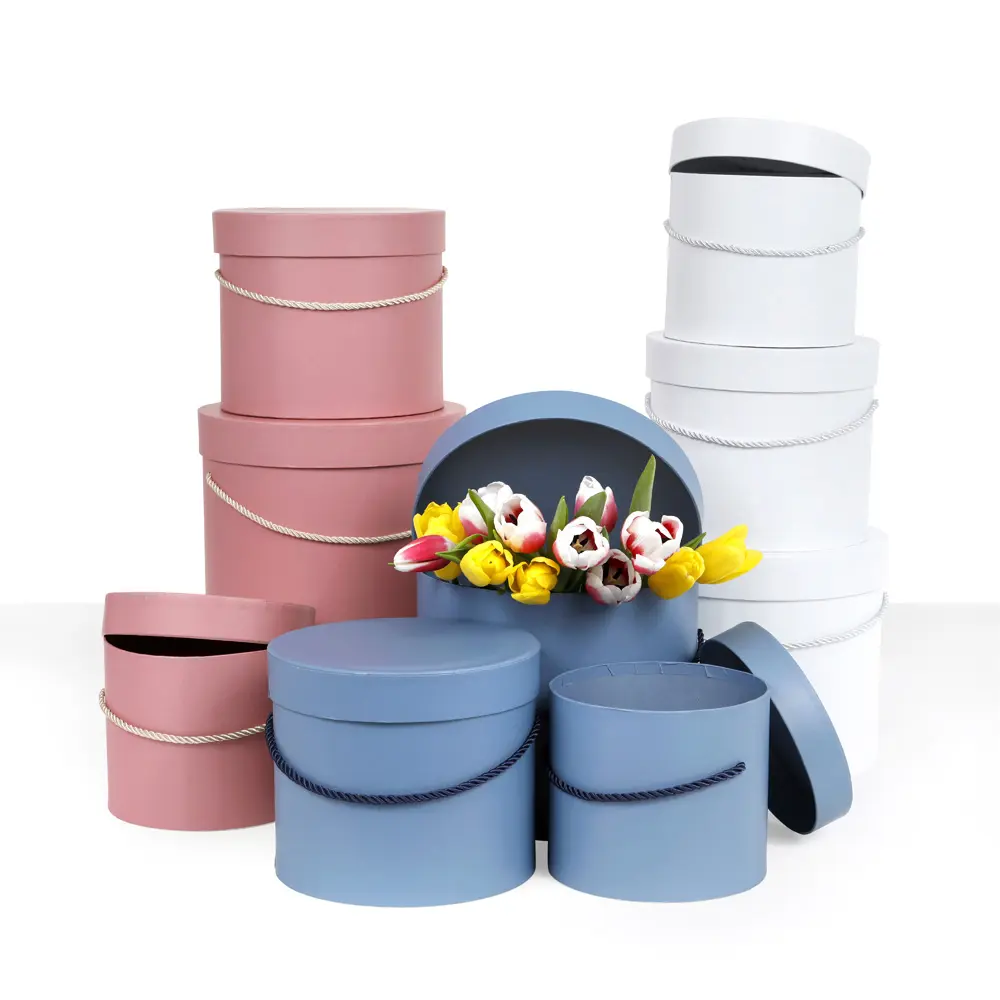 Set of 3, Round Flower/Gift Boxes with Lids, White, Dusty Rose, Matte Blue | W939