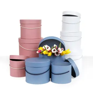 Set of 3, Round Flower/Gift Boxes with Lids, White, Dusty Rose, Matte Blue | W939