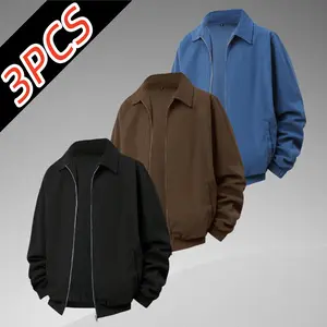 3-pack men’s blue corduroy zip jacket with notched lapel, retro casual style with textured rib fabric and skin-friendly material; suitable for outdoor spring/autumn daily commuting and leisure travel across multiple occasions.