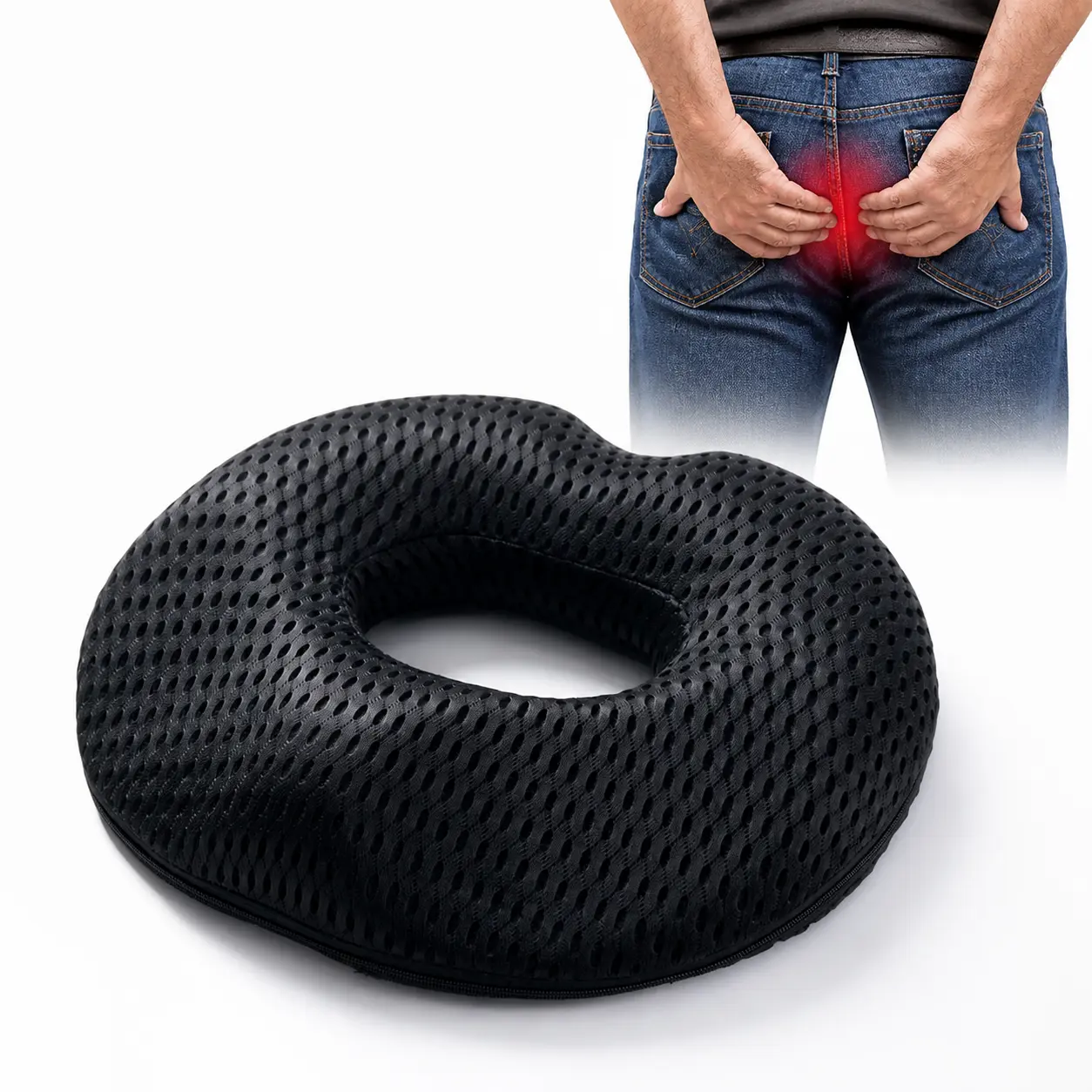 Donut Memory Foam Seat Cushion with Cool Mesh Cover - Fully Assembled Durable Coccyx Pillow for Office Chair, Car - Donut Cutout for Pressure Relief, Good Posture, Lower Back Pain Relief for Pregnant Women, Seniors