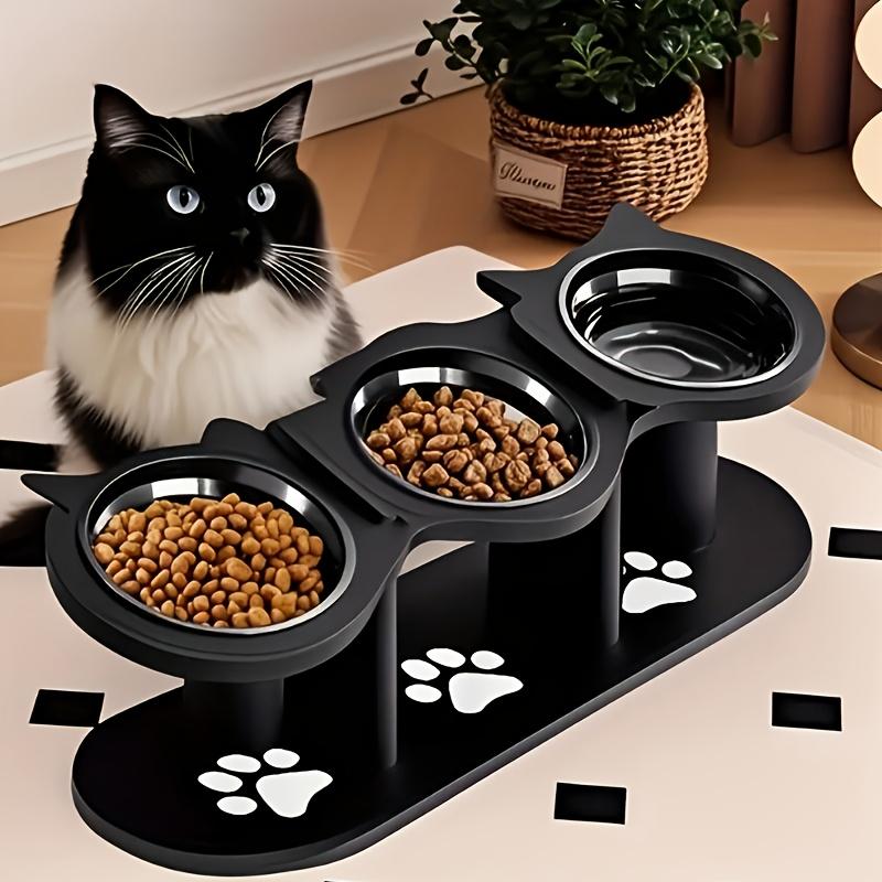 3 Bowl Elevated Cat Feeder with Food Water & Treat Bowls, 15° Tilted Raised Cat Bowl Stand with Detachable Stainless Steel Bowls, Anti-Slip Base, Ergonomic Design Reduces Neck Strain, Easy Clean Stable Pet Feeding Station