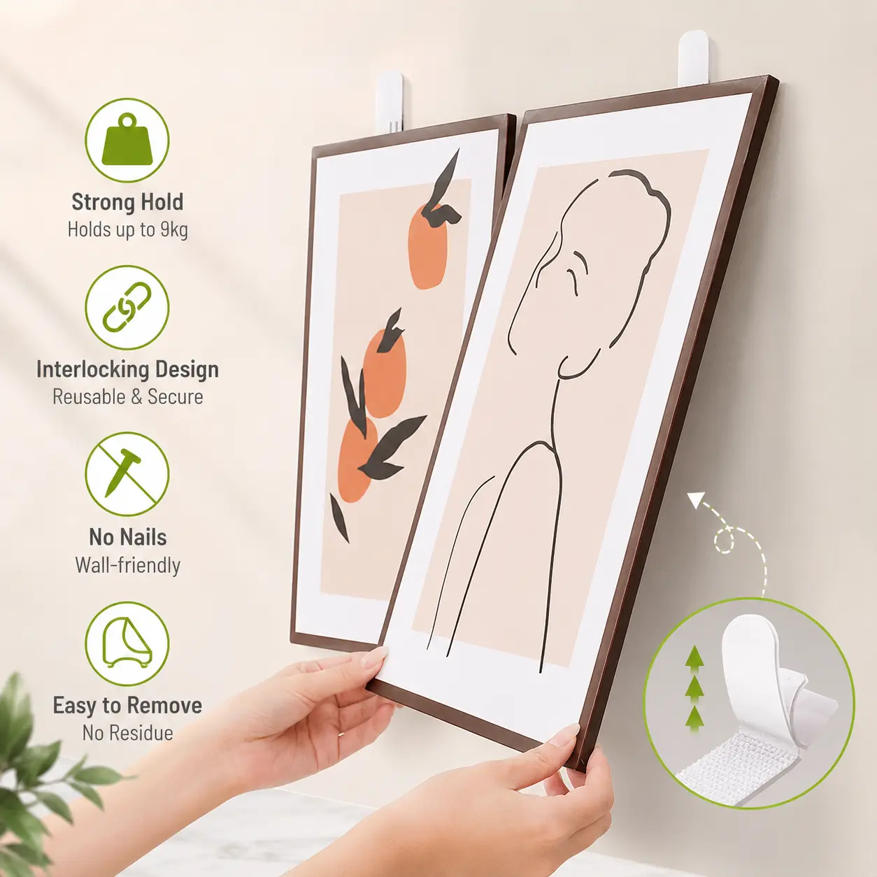 12 Pairs No Nail Adhesive Hanging Strips, Reusable Interlock Structure, No Residue for Picture Frame Wall Hanging