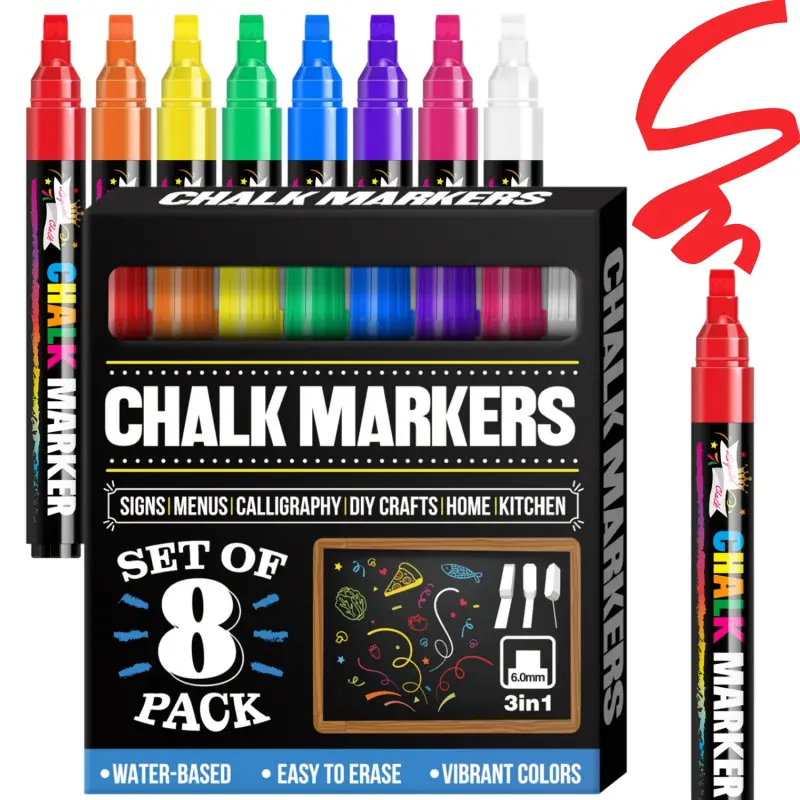 Window Chalk Markers for Glass Washable, 8 Colors Jumbo Liquid Chalk Marker, Liquid Chalk Pens, Optional 1mm/6mm 3 in 1 Nib Thick Wide Tips, Big Chalkboard Markers, Car Paint Pen for Auto, Bistro, Mirror, Poster, Blackboards, Dry Erase Markers
