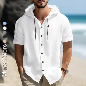 Men’s Casual Summer Shirt with Hood, Lightweight Breathable Beach Tops, Solid Color Short Sleeve Henleys