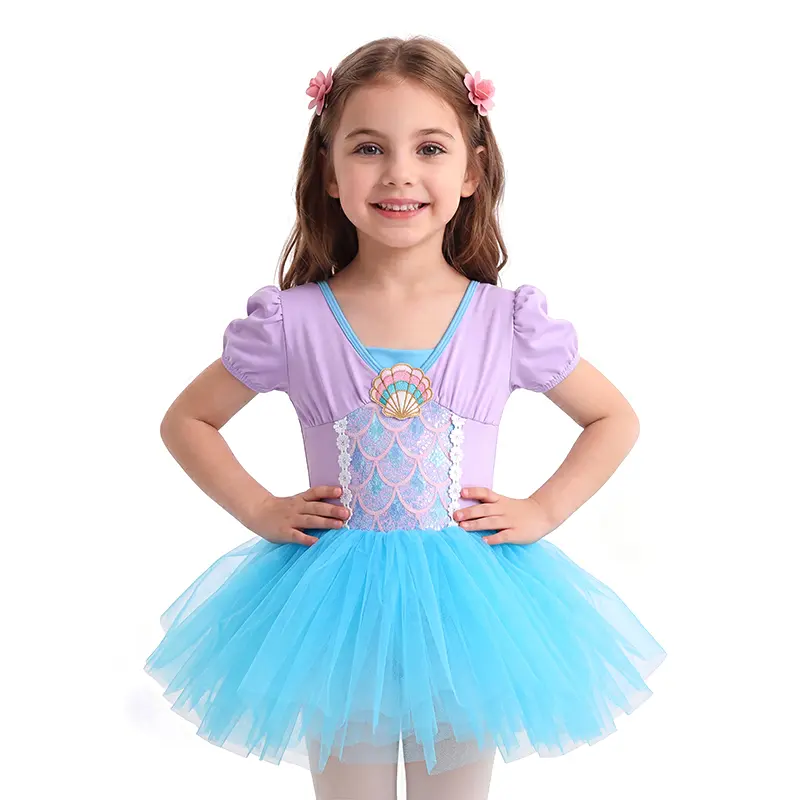 Girls’ princess mermaid ballet short one-piece dance outfit with puff sleeves (skirt style), ice-themed design, blue tulle skirt, suitable for birthday parties and stage performances.
