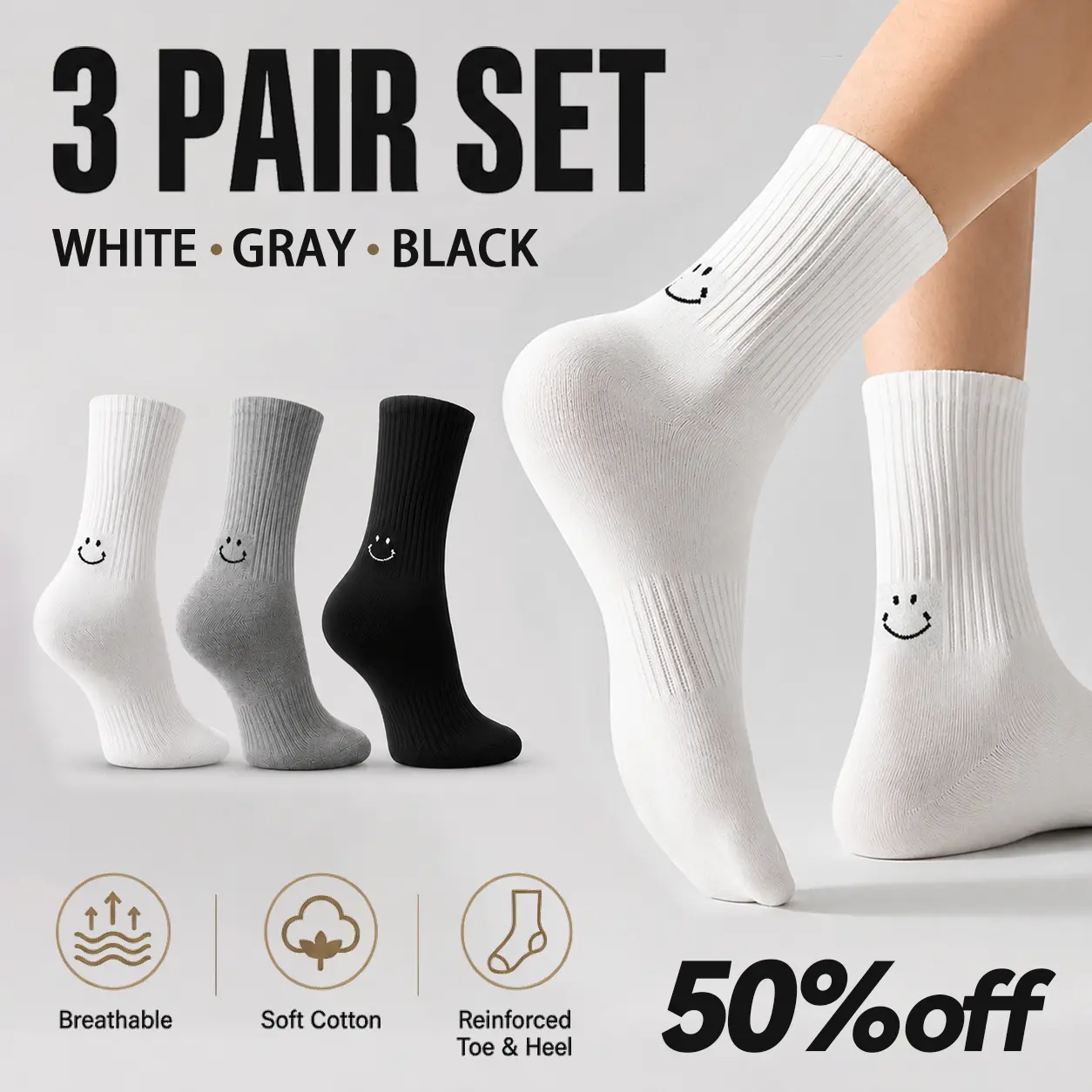 3 Pairs Smiley Face Embroidery Crew Socks, Soft Cotton Ribbed Slouch Socks for Women, Breathable Reinforced Toe Heel Casual Mid Calf Socks, Minimalist Stackable Socks for Sneakers Clogs Daily Outfits