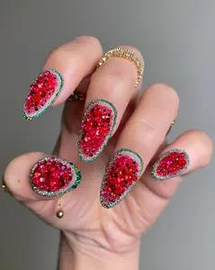 3D Watermelon Press On Nails | Hand Sculpted Summer Fruit Nail Art