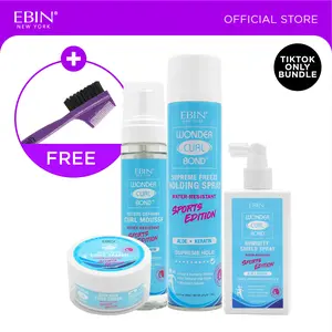 EBIN Sports Edition Wonder Curl Bond Edge Tamer + Curl Mousse + Holding Spray + Humidity Shield Spray Bundle with Free Edge Brush | Enhanced Curl Definition, Extreme Hold, Sweatproof, Water-resistant