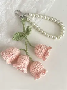 [Charming Keychains] Whimsical Charming Crochet Floral Keychains with Pearl Beads | Durable Zinc Alloy, Ideal for Bags, Purses & Gifts, Perfect for Mother's Day